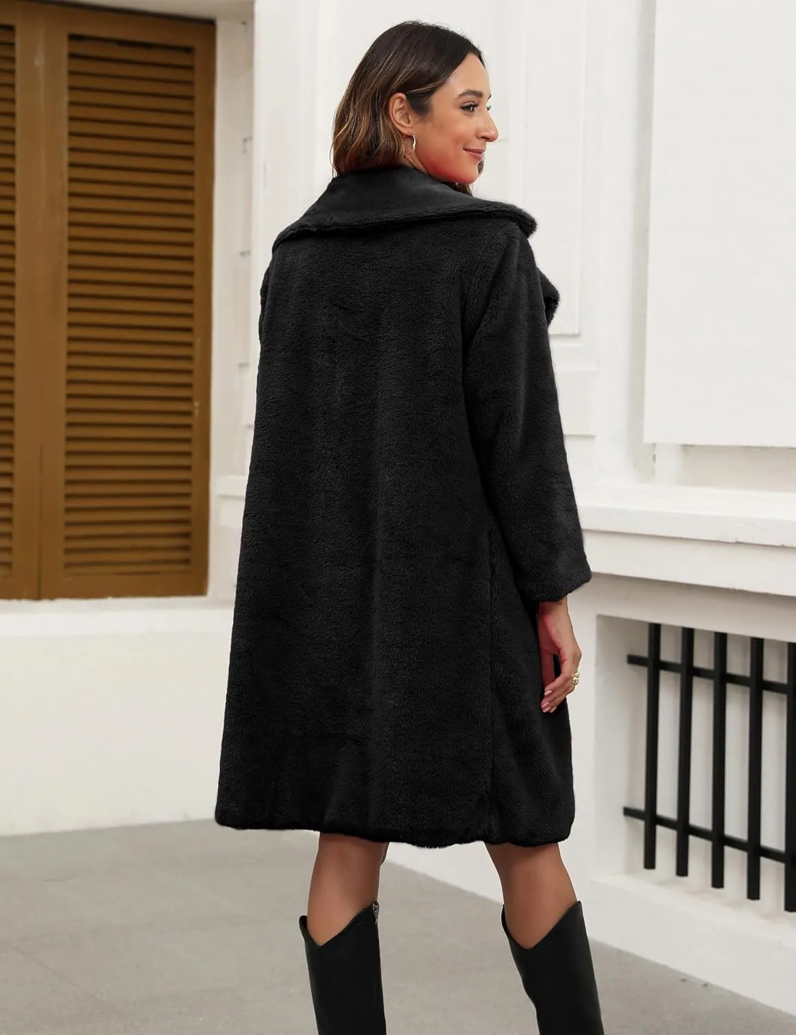 Women's Faux Fur Coat Teddy Fuzzy Fleece Open Front Cardigan Elegant Lapel Collar Long Sleeve Longline Loose Jacket