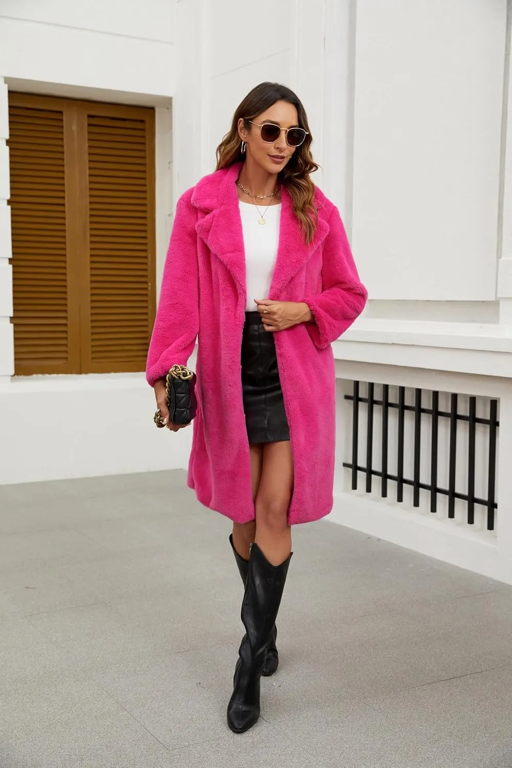 Women's Faux Fur Coat Teddy Fuzzy Fleece Open Front Cardigan Elegant Lapel Collar Long Sleeve Longline Loose Jacket