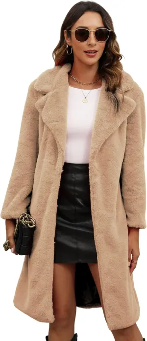 Women's Faux Fur Coat Teddy Fuzzy Fleece Open Front Cardigan Elegant Lapel Collar Long Sleeve Longline Loose Jacket