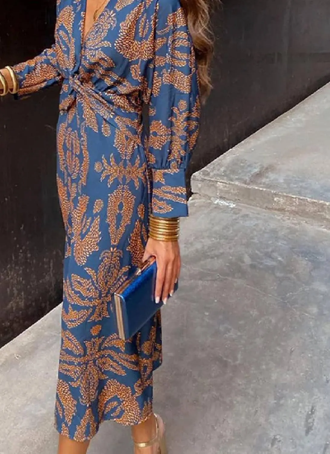 Womens Floral Print V Neck Knot Front Dress Summer Casual Long Sleeve Midi Beach Sundress Party Wedding Guest Dresses
