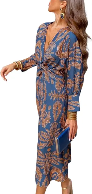 Womens Floral Print V Neck Knot Front Dress Summer Casual Long Sleeve Midi Beach Sundress Party Wedding Guest Dresses
