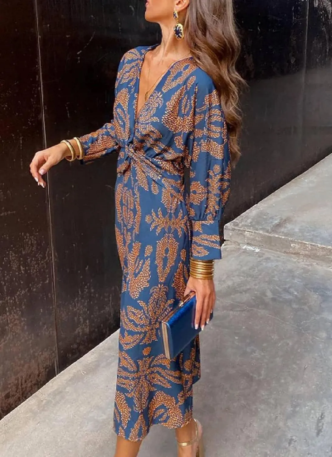 Womens Floral Print V Neck Knot Front Dress Summer Casual Long Sleeve Midi Beach Sundress Party Wedding Guest Dresses