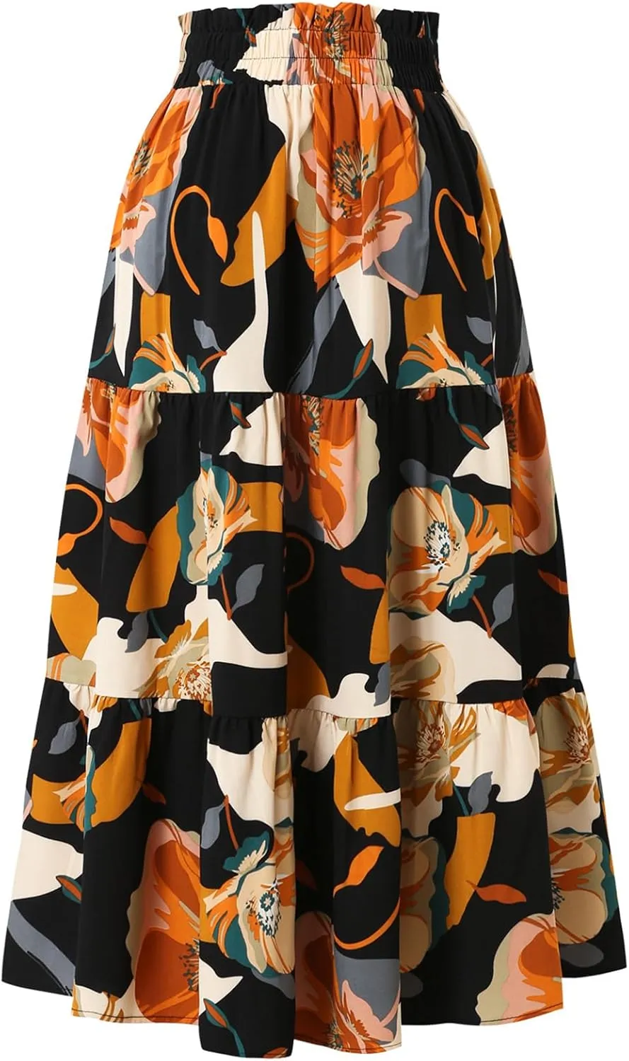 Women's Floral Tiered Midi Skirt Elastic Waist Dressy Casual A-line Summer Boho Skirts