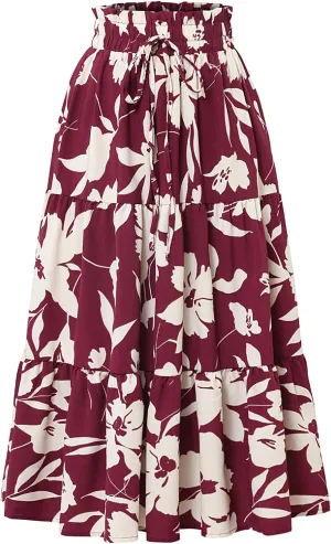 Women's Floral Tiered Midi Skirt Elastic Waist Dressy Casual A-line Summer Boho Skirts
