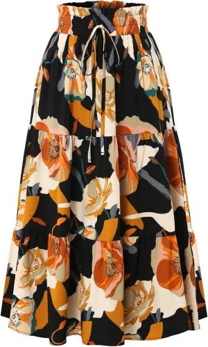 Women's Floral Tiered Midi Skirt Elastic Waist Dressy Casual A-line Summer Boho Skirts