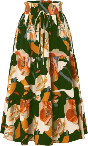 Women's Floral Tiered Midi Skirt Elastic Waist Dressy Casual A-line Summer Boho Skirts