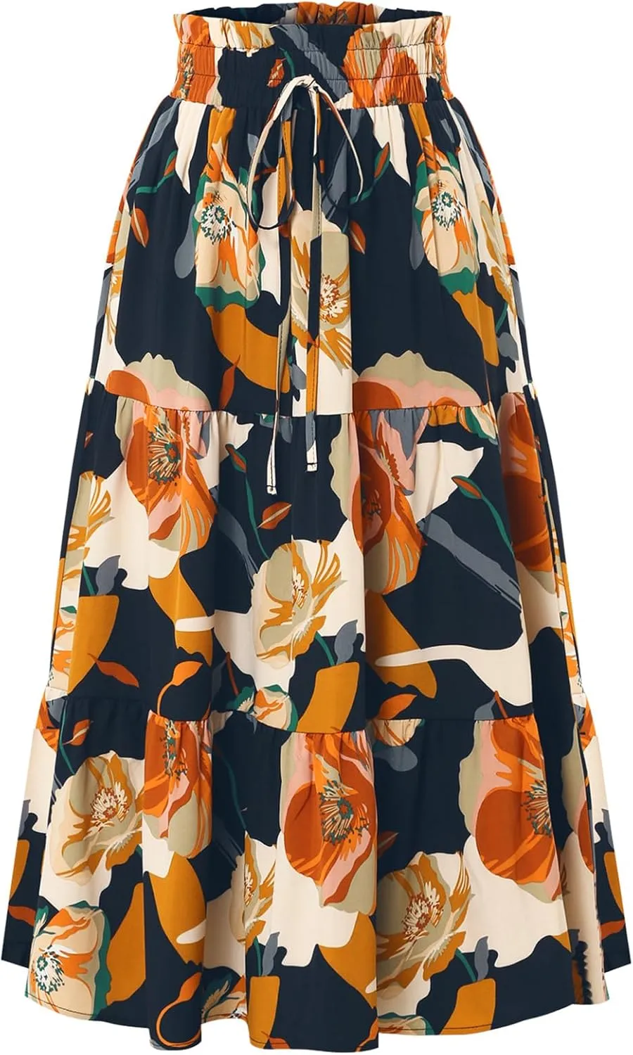 Women's Floral Tiered Midi Skirt Elastic Waist Dressy Casual A-line Summer Boho Skirts
