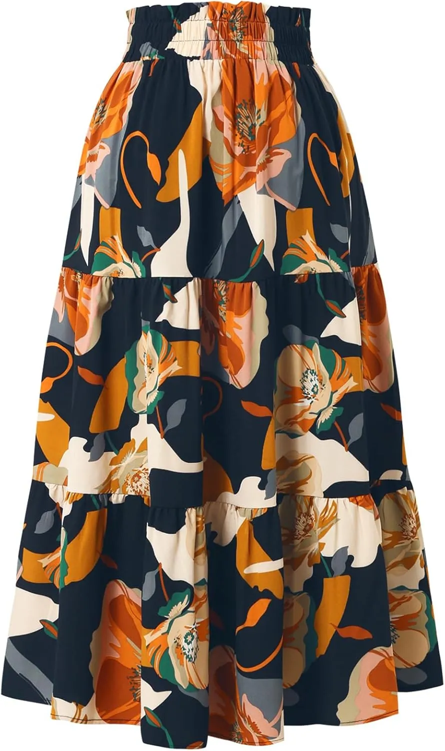 Women's Floral Tiered Midi Skirt Elastic Waist Dressy Casual A-line Summer Boho Skirts