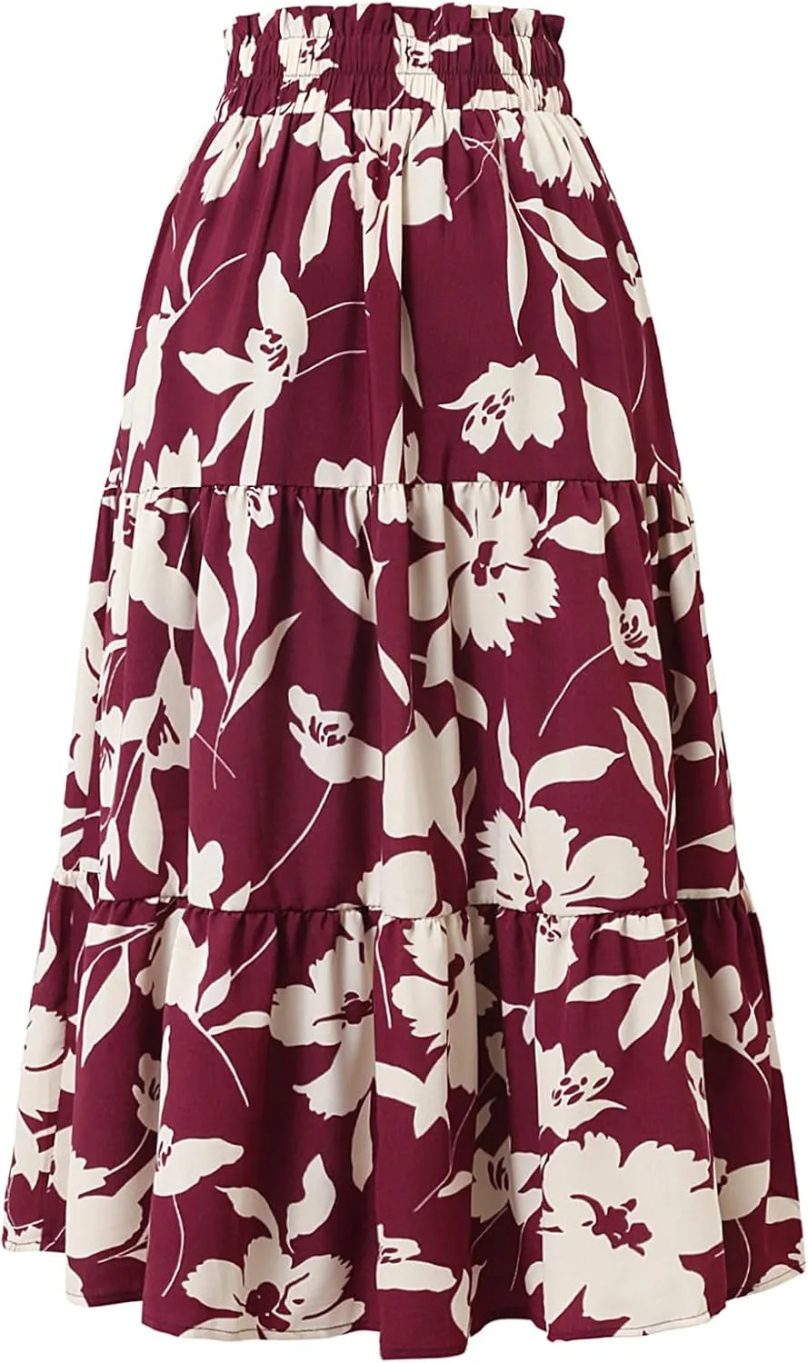 Women's Floral Tiered Midi Skirt Elastic Waist Dressy Casual A-line Summer Boho Skirts