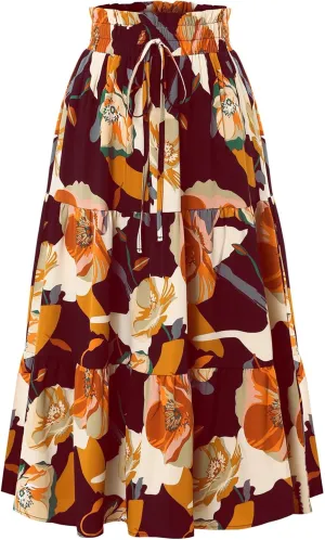 Women's Floral Tiered Midi Skirt Elastic Waist Dressy Casual A-line Summer Boho Skirts