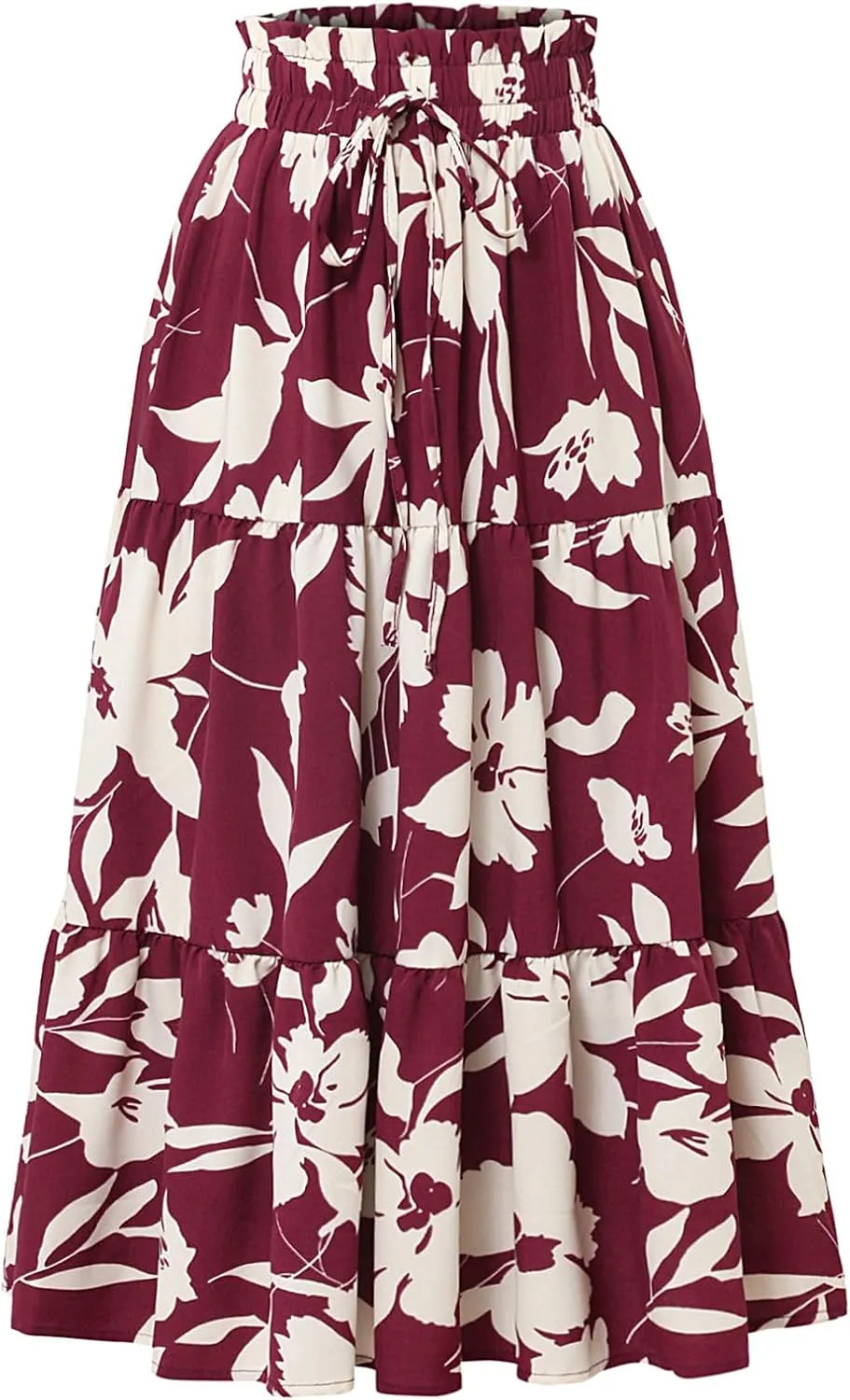 Women's Floral Tiered Midi Skirt Elastic Waist Dressy Casual A-line Summer Boho Skirts