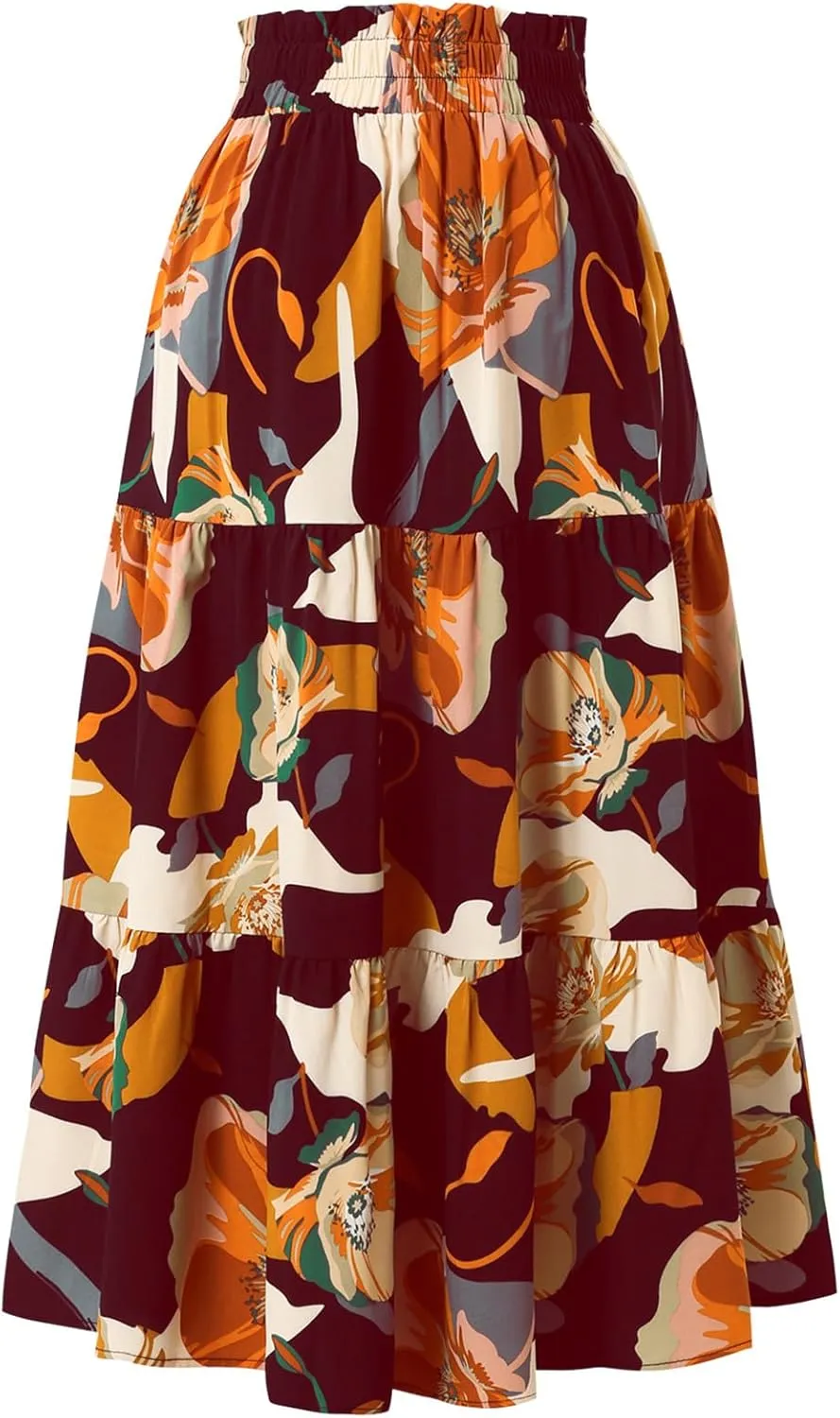 Women's Floral Tiered Midi Skirt Elastic Waist Dressy Casual A-line Summer Boho Skirts