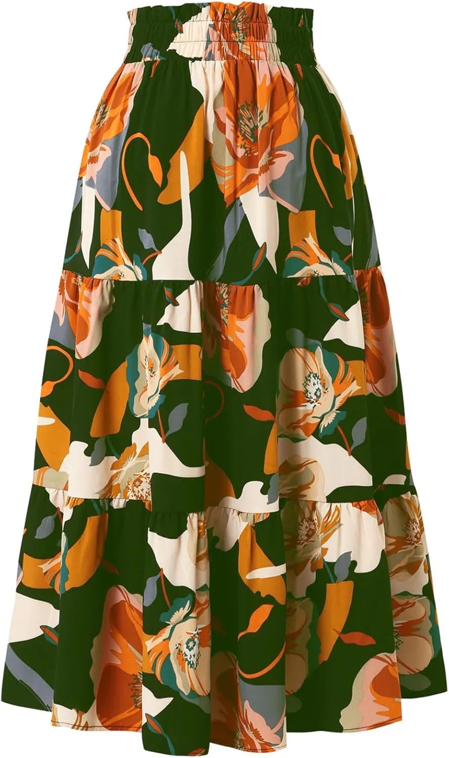 Women's Floral Tiered Midi Skirt Elastic Waist Dressy Casual A-line Summer Boho Skirts