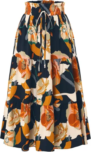 Women's Floral Tiered Midi Skirt Elastic Waist Dressy Casual A-line Summer Boho Skirts