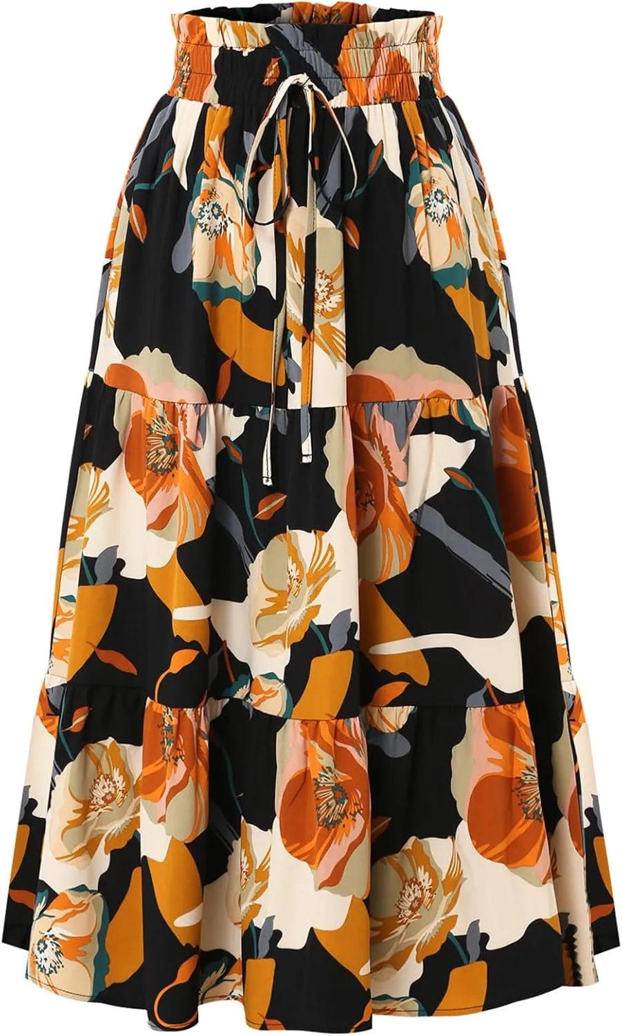 Women's Floral Tiered Midi Skirt Elastic Waist Dressy Casual A-line Summer Boho Skirts