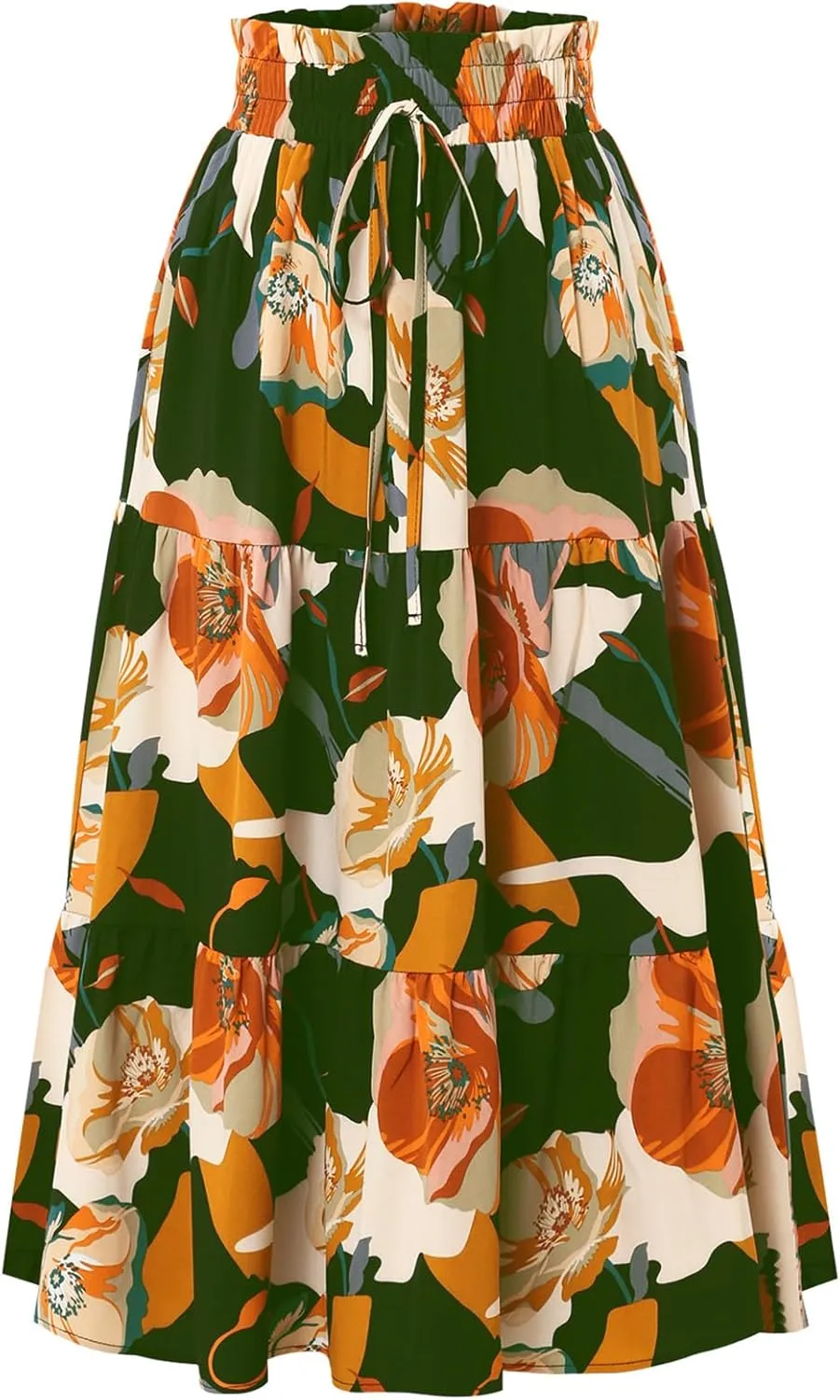 Women's Floral Tiered Midi Skirt Elastic Waist Dressy Casual A-line Summer Boho Skirts