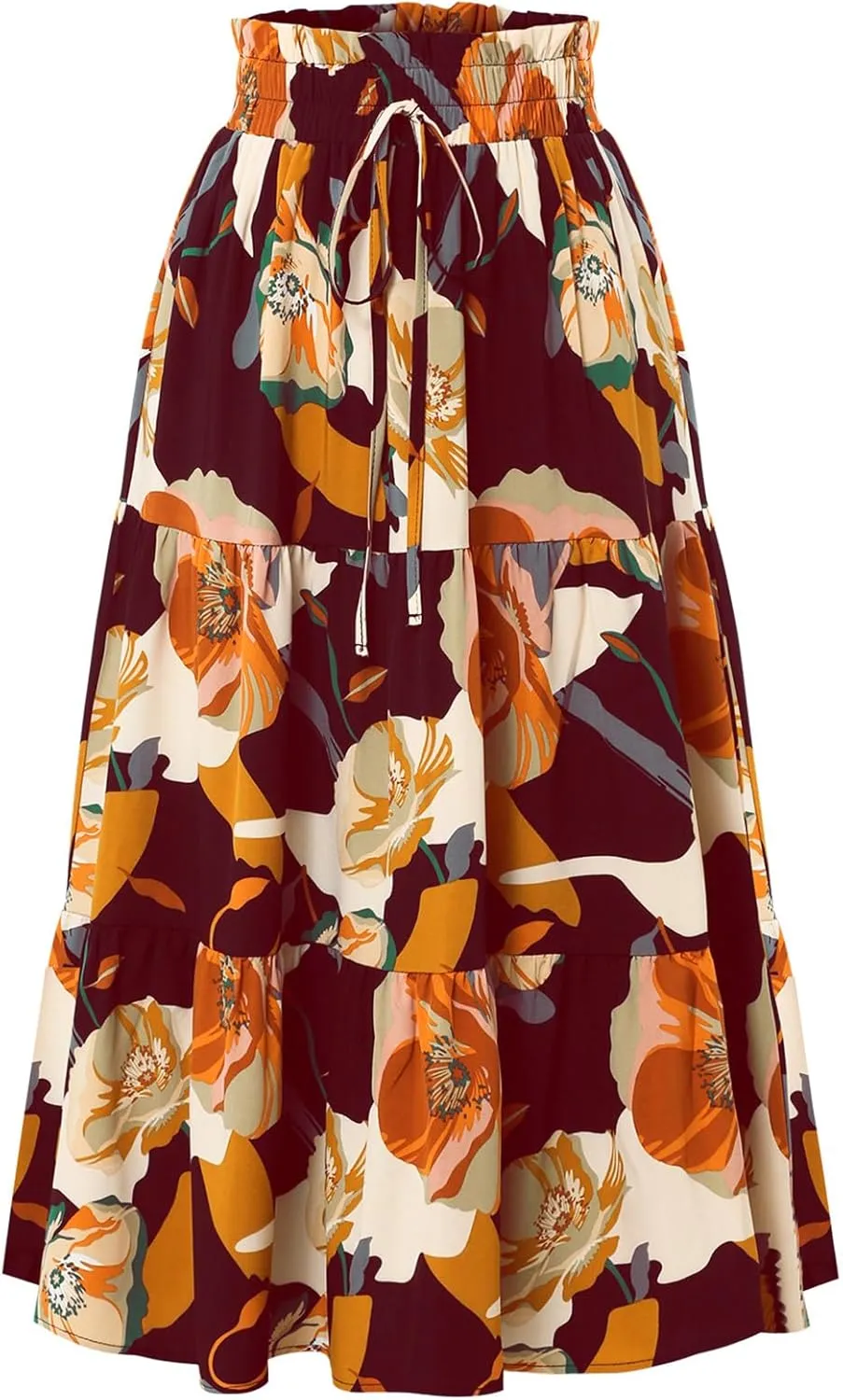 Women's Floral Tiered Midi Skirt Elastic Waist Dressy Casual A-line Summer Boho Skirts