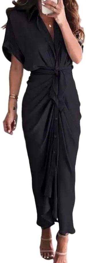 Women's Flowy Midi Dresses Ruffled Boho Dress Casual Beach Sundress Lapel Button Waist Lace-up Business Long Skirts