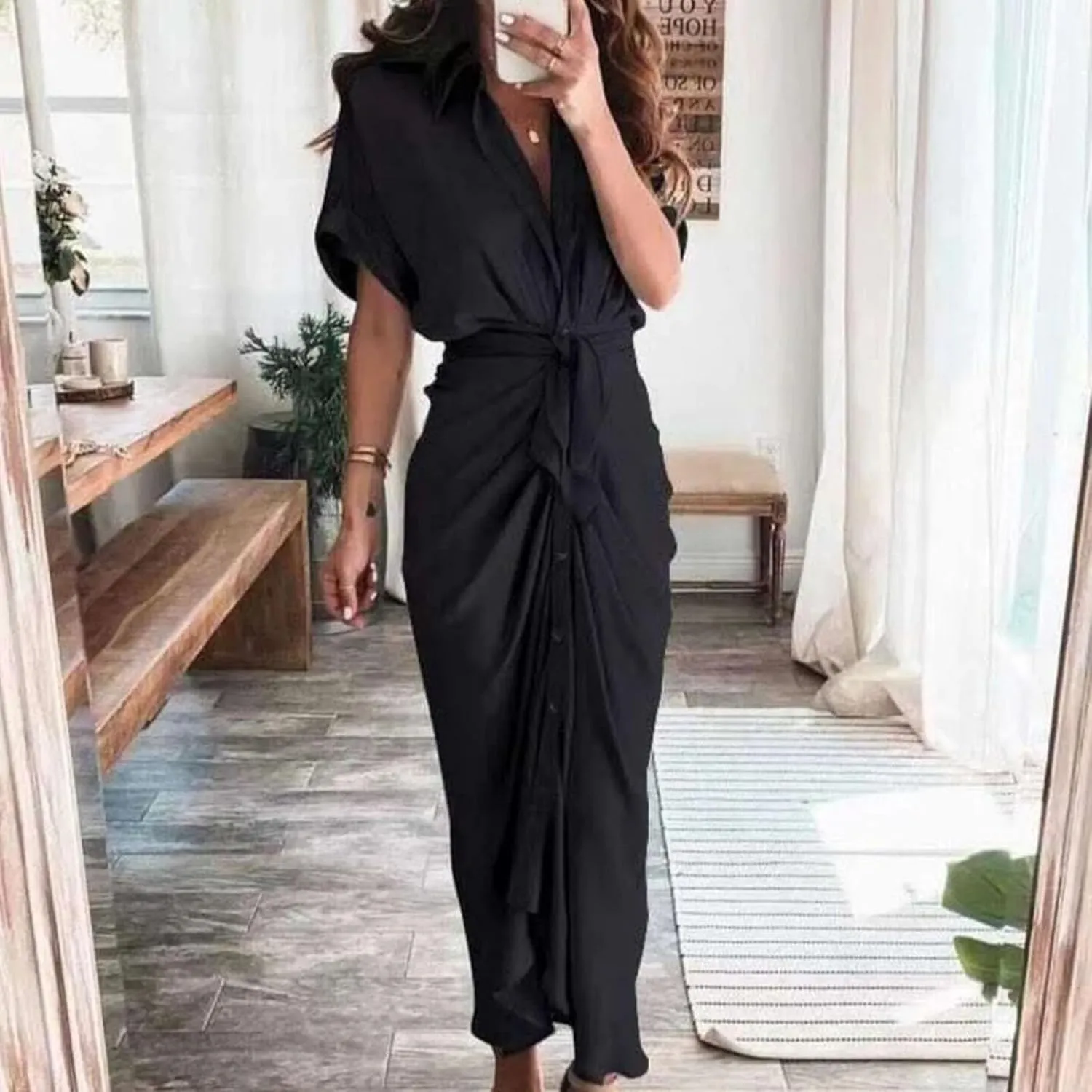 Women's Flowy Midi Dresses Ruffled Boho Dress Casual Beach Sundress Lapel Button Waist Lace-up Business Long Skirts