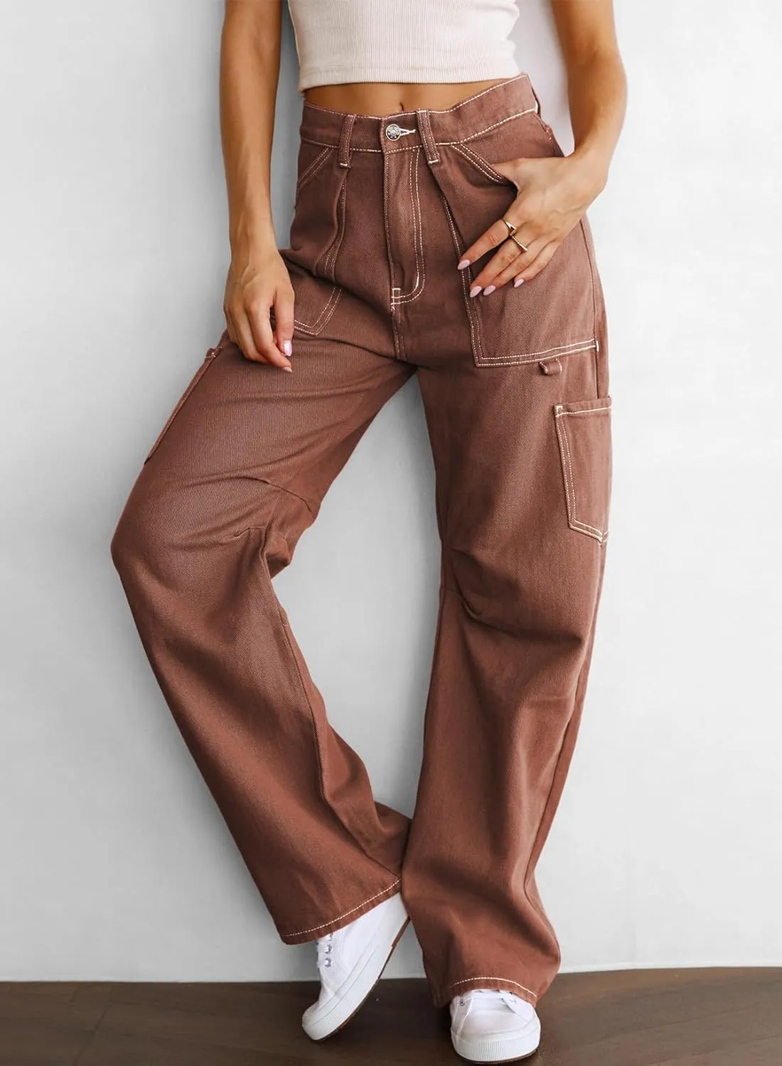 Women's High Waist Baggy Cargo Jeans Flap Pocket Relaxed Fit Straight Wide Leg Y2K Fashion Cargo Pants Boyfriend Jeans