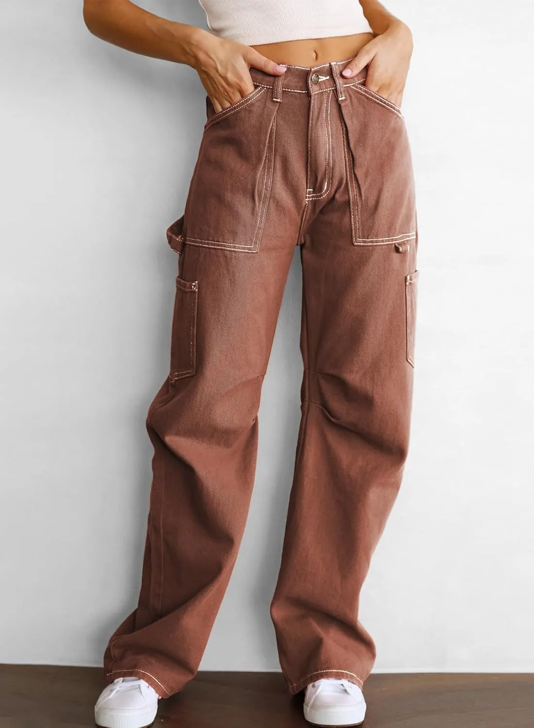 Women's High Waist Baggy Cargo Jeans Flap Pocket Relaxed Fit Straight Wide Leg Y2K Fashion Cargo Pants Boyfriend Jeans