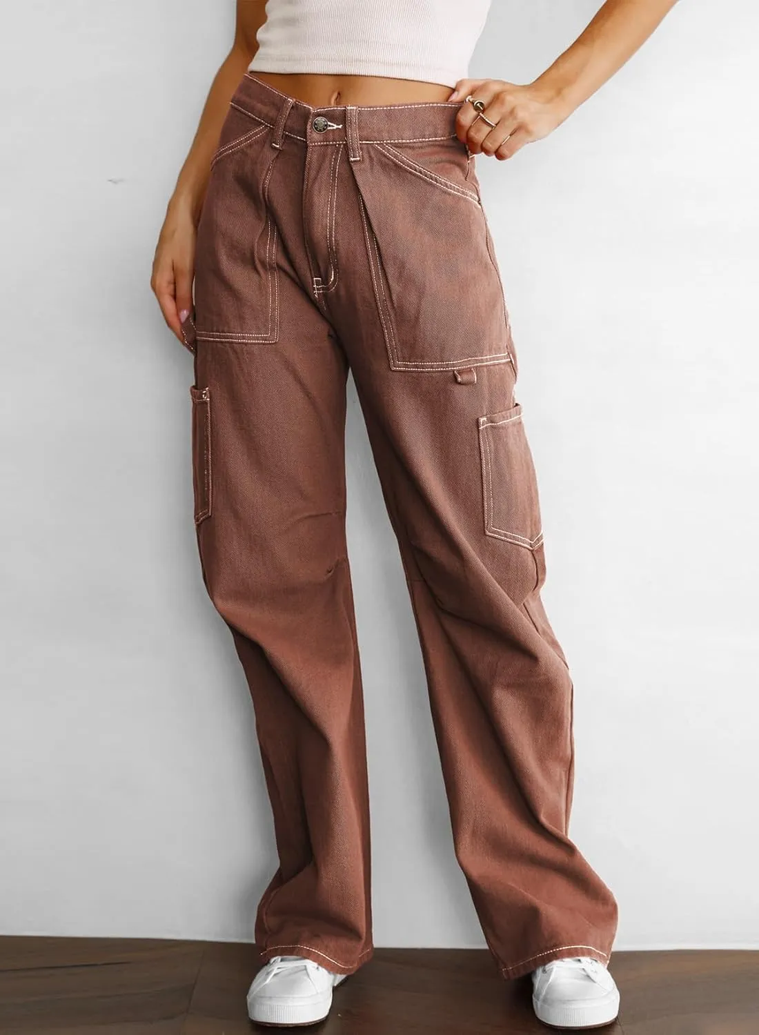 Women's High Waist Baggy Cargo Jeans Flap Pocket Relaxed Fit Straight Wide Leg Y2K Fashion Cargo Pants Boyfriend Jeans