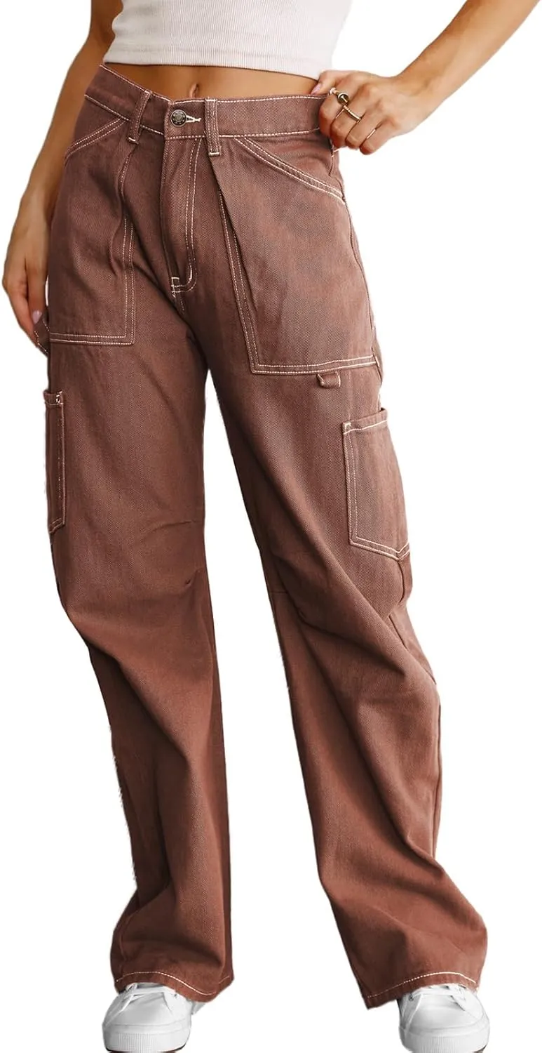 Women's High Waist Baggy Cargo Jeans Flap Pocket Relaxed Fit Straight Wide Leg Y2K Fashion Cargo Pants Boyfriend Jeans