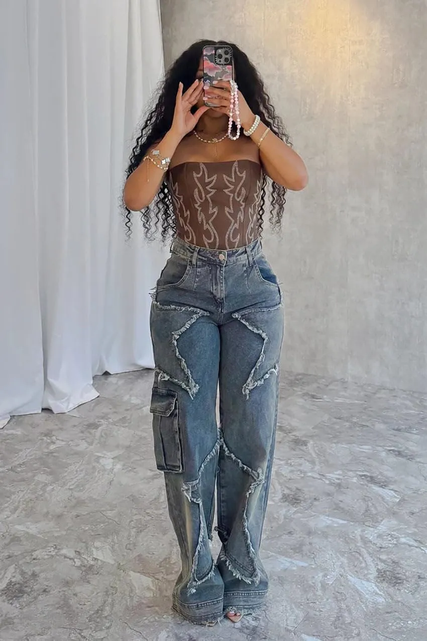 Women's High Waist Baggy Ripped Denim Jeans with Star Tassel Frayed Details Y2K Straight Leg Casual Jeans