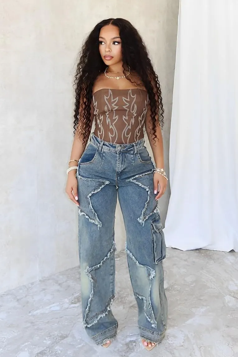 Women's High Waist Baggy Ripped Denim Jeans with Star Tassel Frayed Details Y2K Straight Leg Casual Jeans