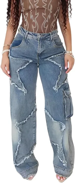 Women's High Waist Baggy Ripped Denim Jeans with Star Tassel Frayed Details Y2K Straight Leg Casual Jeans