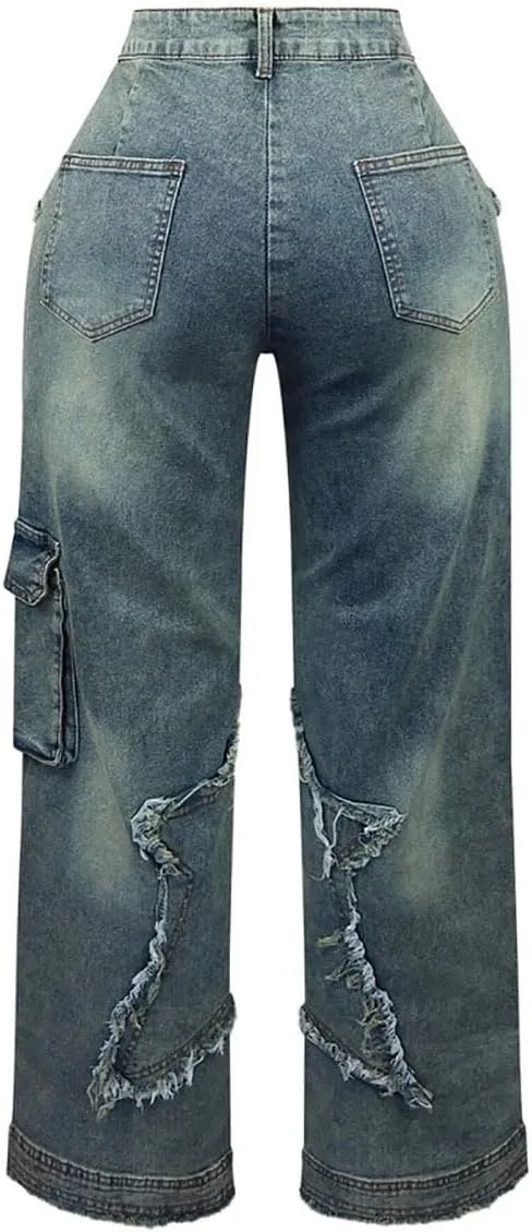 Women's High Waist Baggy Ripped Denim Jeans with Star Tassel Frayed Details Y2K Straight Leg Casual Jeans