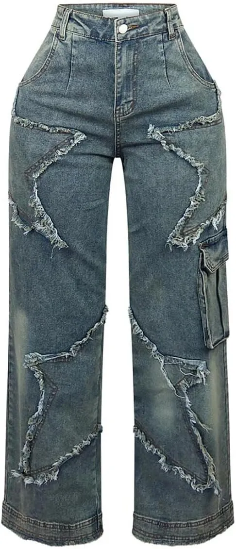 Women's High Waist Baggy Ripped Denim Jeans with Star Tassel Frayed Details Y2K Straight Leg Casual Jeans