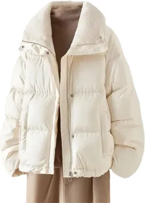Women's Lapel Puffer Jacket Winter Vintage Thick Warm Parkas Coat Casual Cotton Padded Outerwear Beige