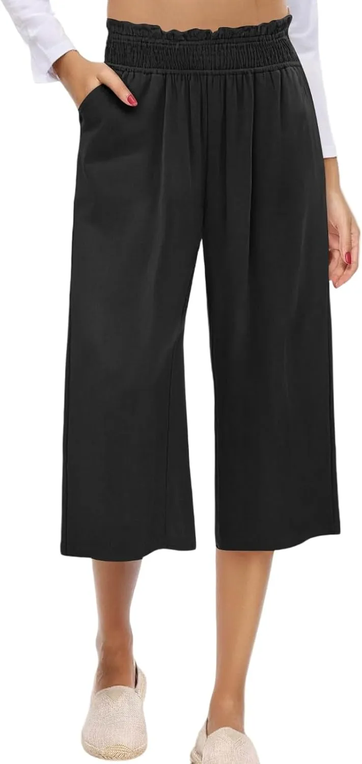 Womens Linen Capri Pants Smocked Elastic Waisted Cropped Palazzo Trousers Casual Flowy Summer Beach Pants with Pockets