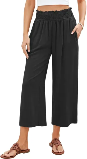 Womens Linen Capri Pants Smocked Elastic Waisted Cropped Palazzo Trousers Casual Flowy Summer Beach Pants with Pockets
