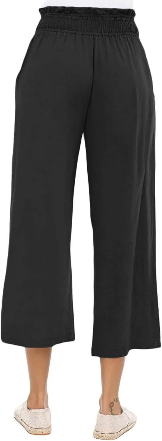 Womens Linen Capri Pants Smocked Elastic Waisted Cropped Palazzo Trousers Casual Flowy Summer Beach Pants with Pockets