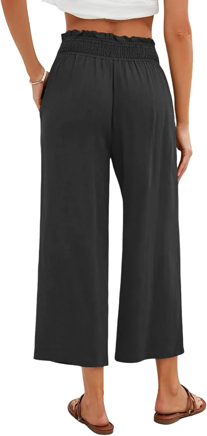 Womens Linen Capri Pants Smocked Elastic Waisted Cropped Palazzo Trousers Casual Flowy Summer Beach Pants with Pockets