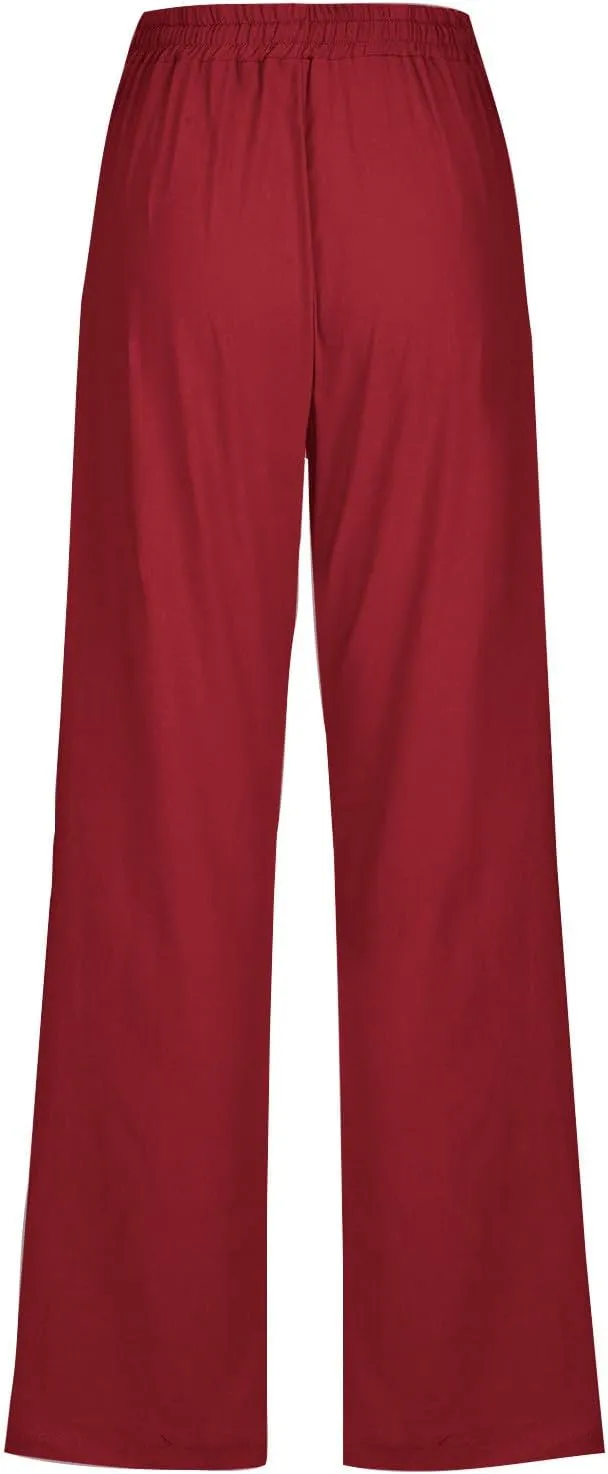 Womens Linen Cotton Solid Pants Drawstring Elastic Waisted Straight Leg Pant Summer Travel Casual Trousers