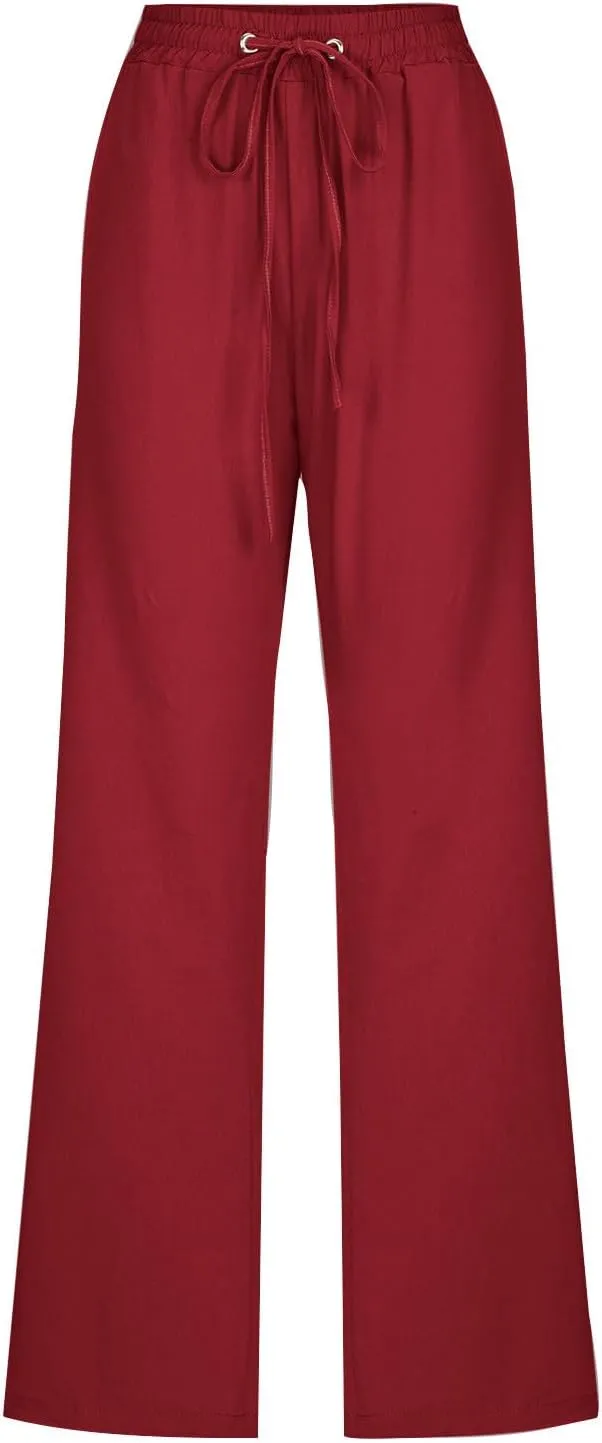 Womens Linen Cotton Solid Pants Drawstring Elastic Waisted Straight Leg Pant Summer Travel Casual Trousers