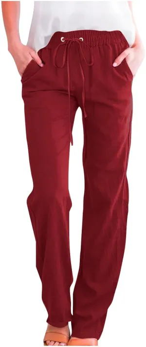 Womens Linen Cotton Solid Pants Drawstring Elastic Waisted Straight Leg Pant Summer Travel Casual Trousers