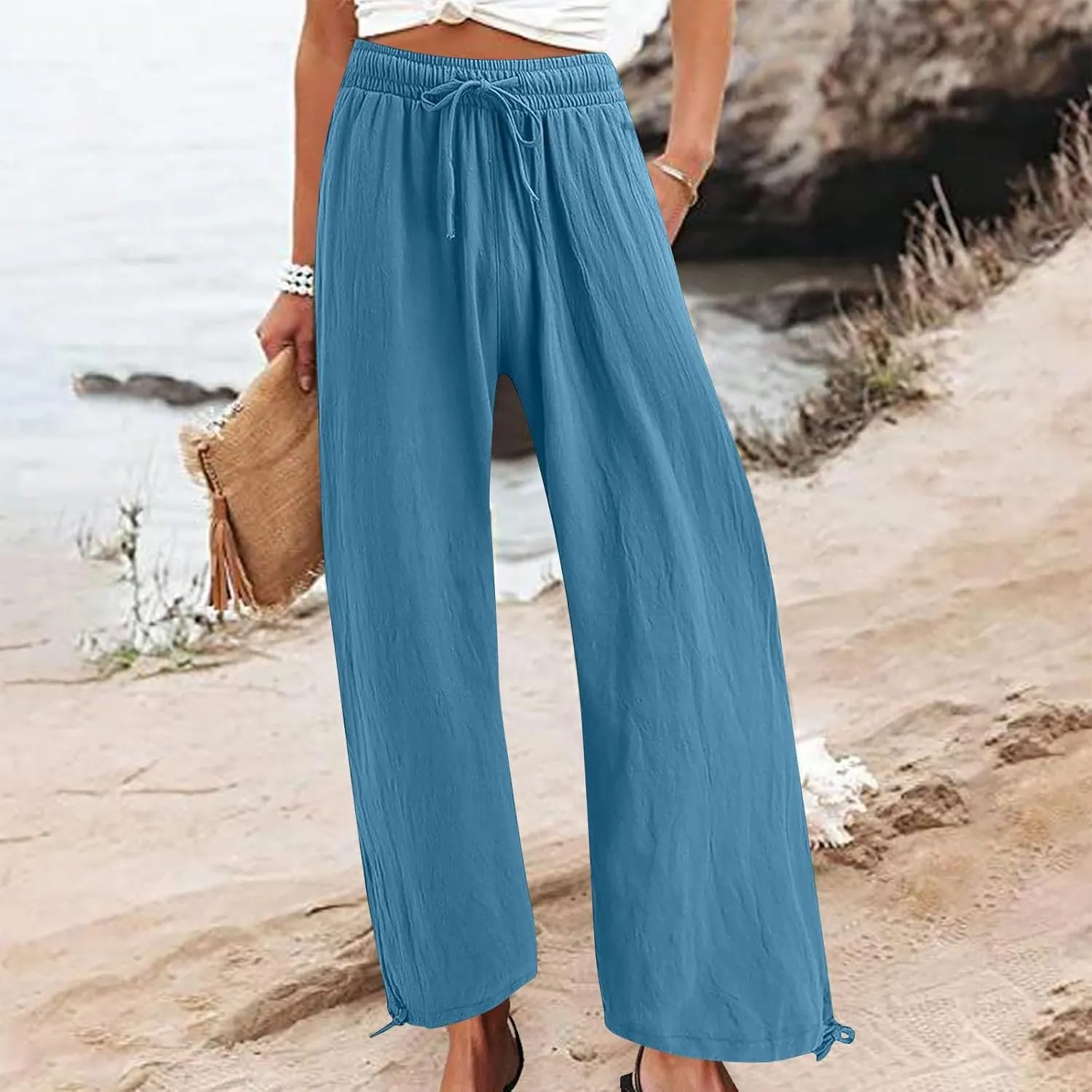 Women's Linen Palazzo Pants Drawstring Summer Wide Leg High Waist Casual Lounge Pant 2025 Beach Vacation Trousers