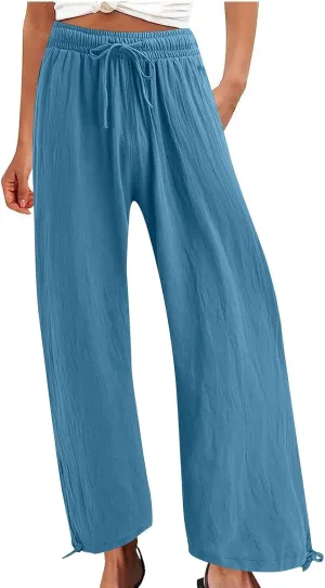 Women's Linen Palazzo Pants Drawstring Summer Wide Leg High Waist Casual Lounge Pant 2025 Beach Vacation Trousers
