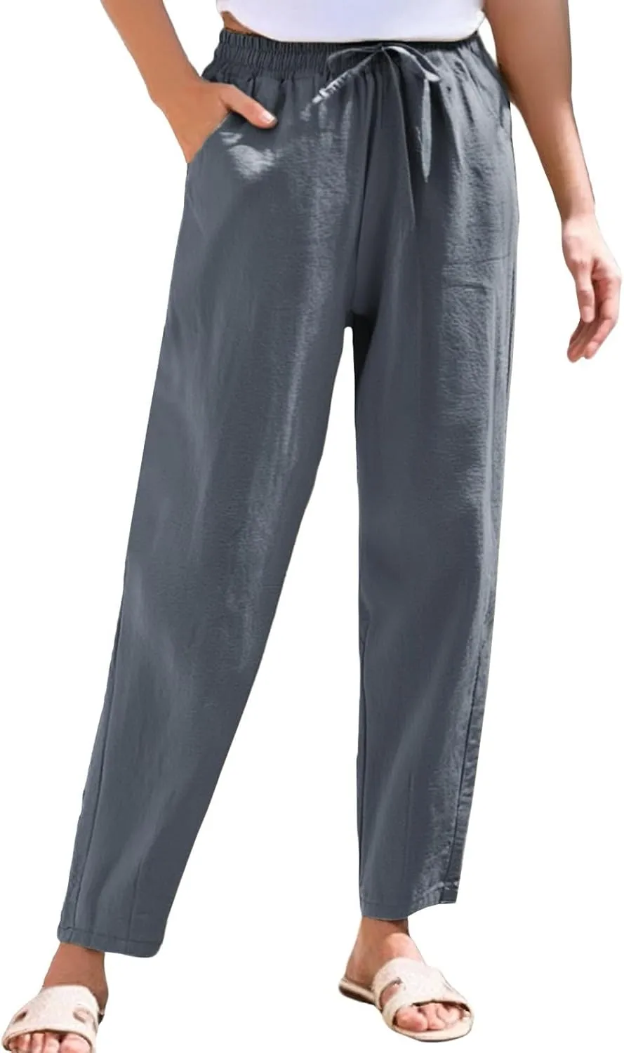 Womens Linen Pants 2025 Casual Drawstring High Waist Straight Leg Pants Lightweight Baggy Long Trousers with Pockets