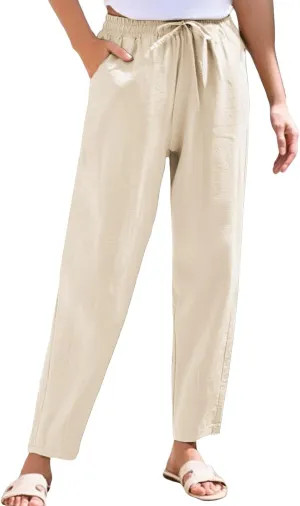 Womens Linen Pants 2025 Casual Drawstring High Waist Straight Leg Pants Lightweight Baggy Long Trousers with Pockets