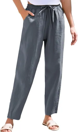 Womens Linen Pants 2025 Casual Drawstring High Waist Straight Leg Pants Lightweight Baggy Long Trousers with Pockets