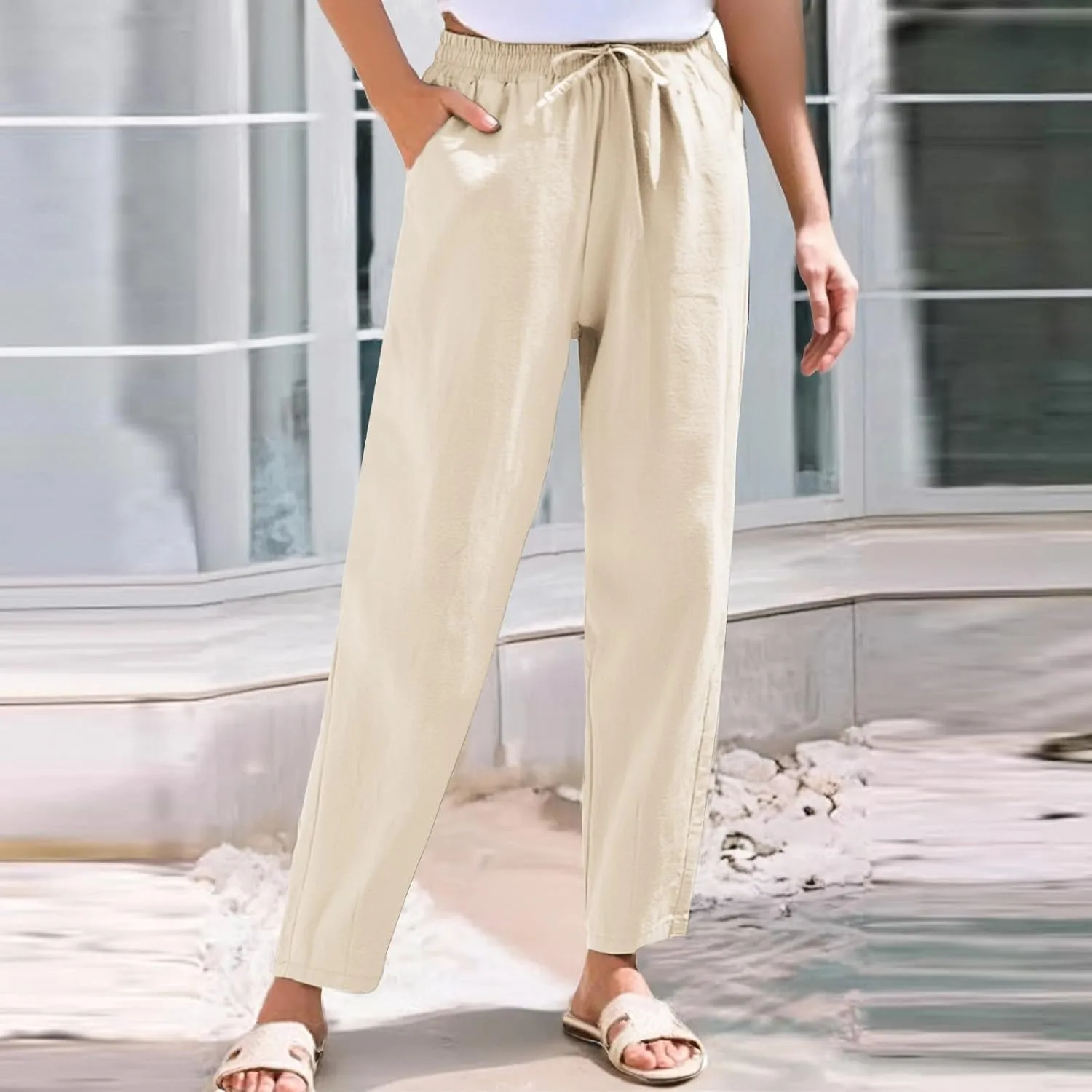 Womens Linen Pants 2025 Casual Drawstring High Waist Straight Leg Pants Lightweight Baggy Long Trousers with Pockets