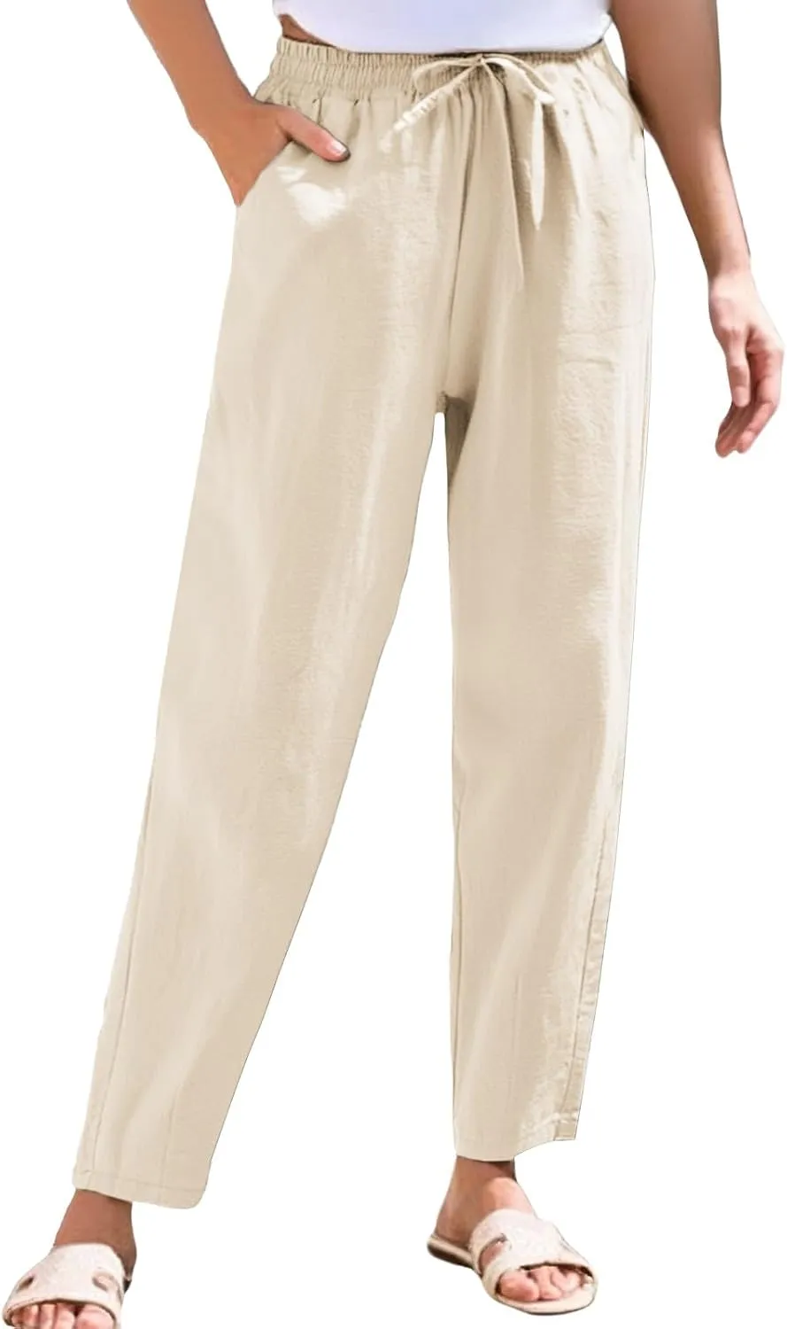 Womens Linen Pants 2025 Casual Drawstring High Waist Straight Leg Pants Lightweight Baggy Long Trousers with Pockets