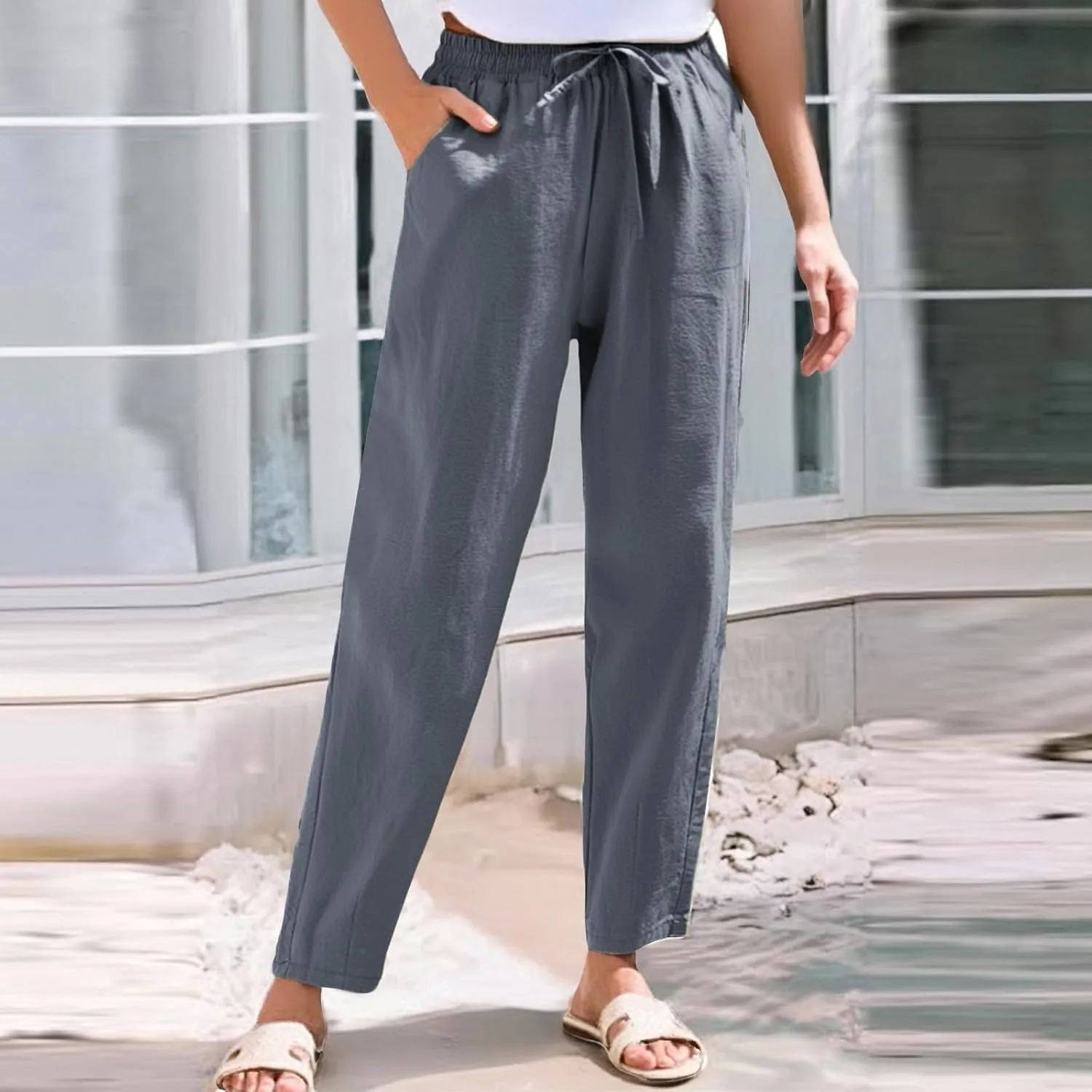 Womens Linen Pants 2025 Casual Drawstring High Waist Straight Leg Pants Lightweight Baggy Long Trousers with Pockets