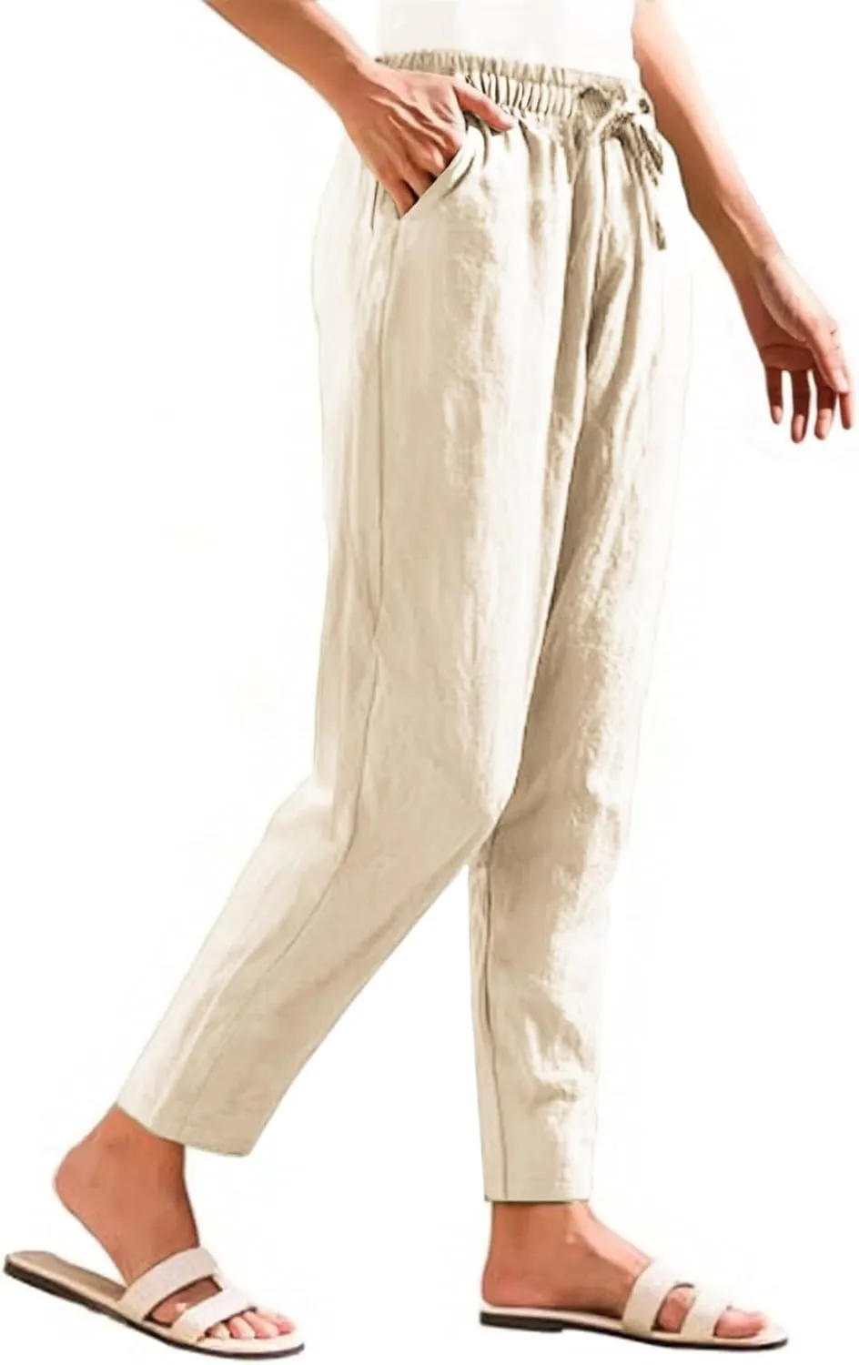Womens Linen Pants 2025 Casual Drawstring High Waist Straight Leg Pants Lightweight Baggy Long Trousers with Pockets