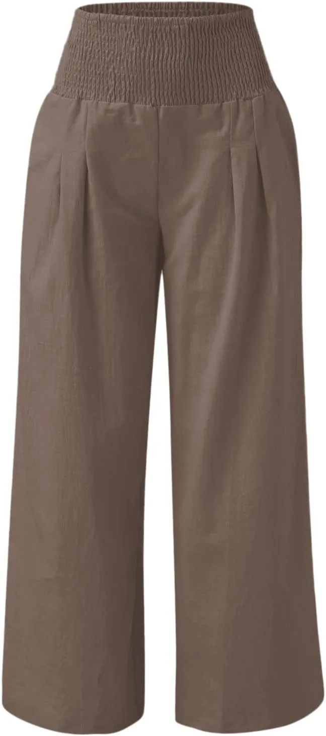 Women's Linen Wide Leg Pants Cotton Elastic High Waisted Palazzo Trousers Summer 2024 Casual Loose Straight Wide Leg Pants